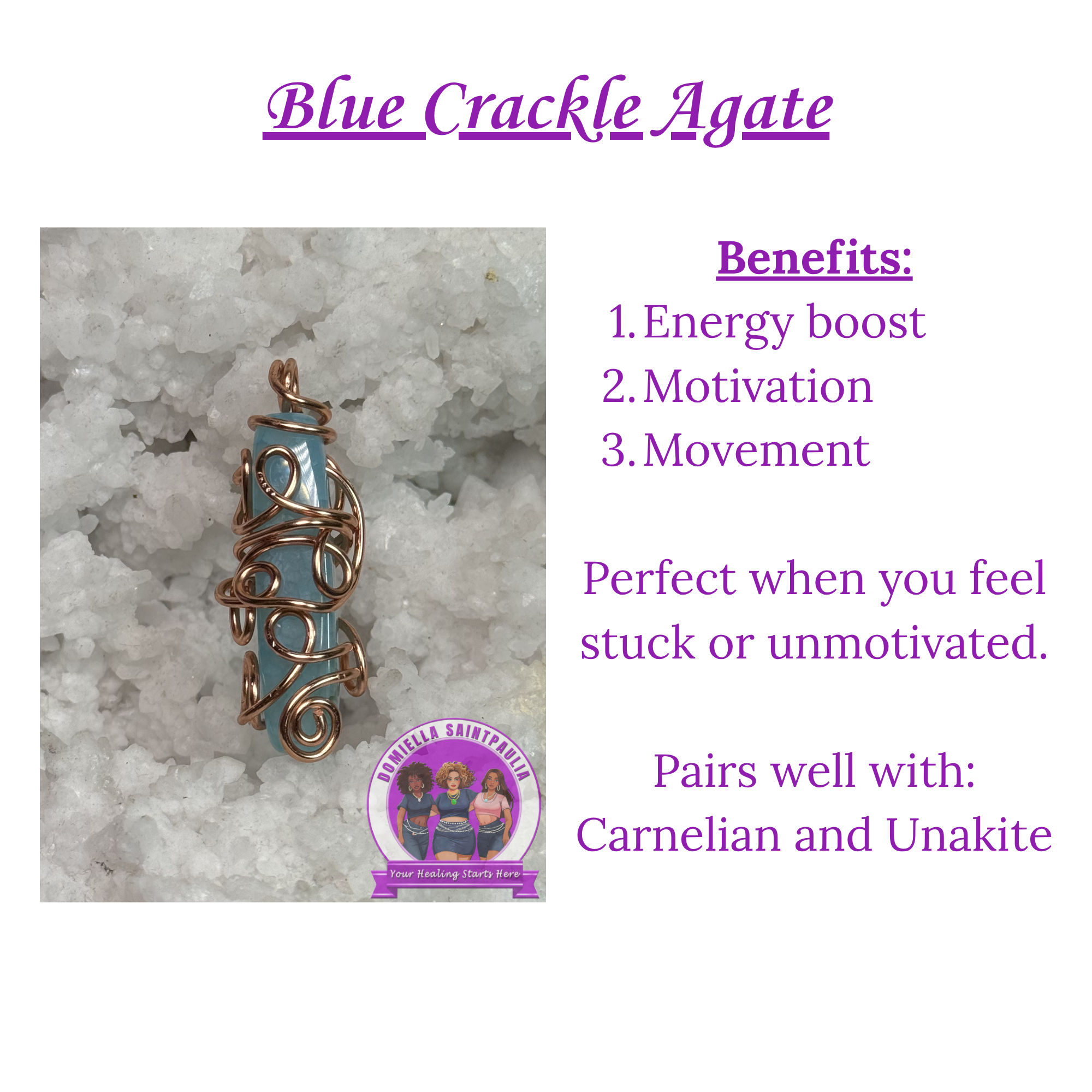 Blue crackle agate pendant with benefits listed on a gray stone background