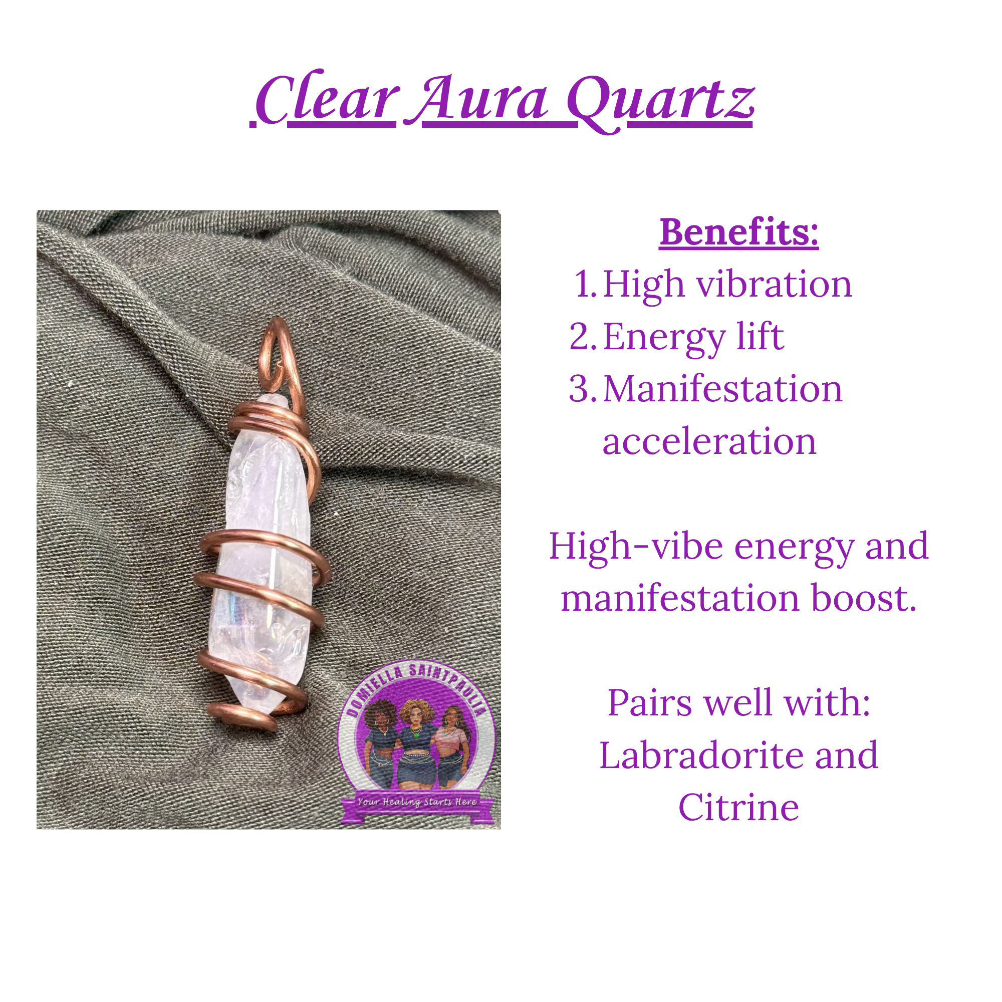 Clear Aura Quartz crystal pendant with copper wrap on a textured surface, featuring benefits text.