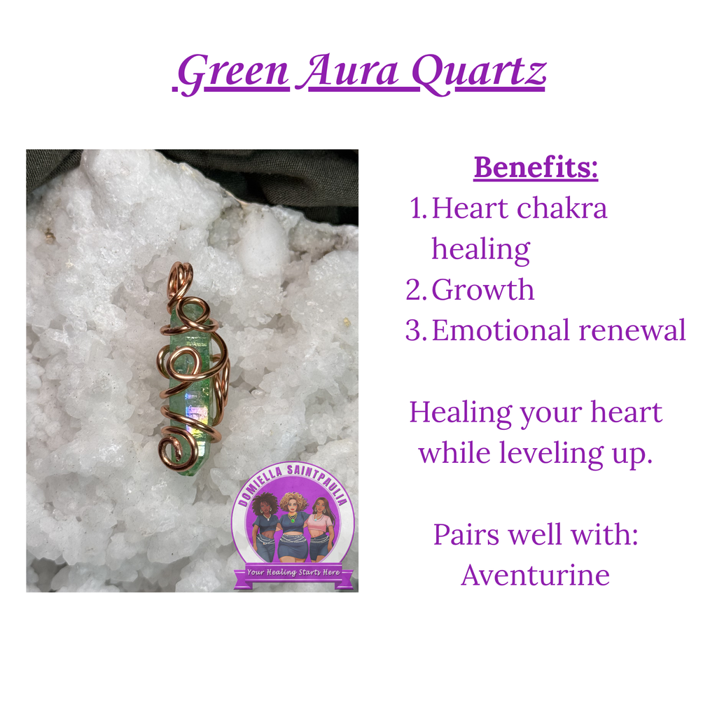 Green Aura Quartz pendant on a white background with text about benefits and pairing.